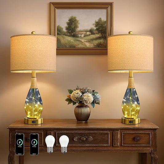 OYEARS 23" Table Lamps for Living Room Set of 2,Bedside Lamps for Night Stands, Rattan Lamps for Bedroom,Farmhouse Lamps with Glass Nightlight,Two Light Points