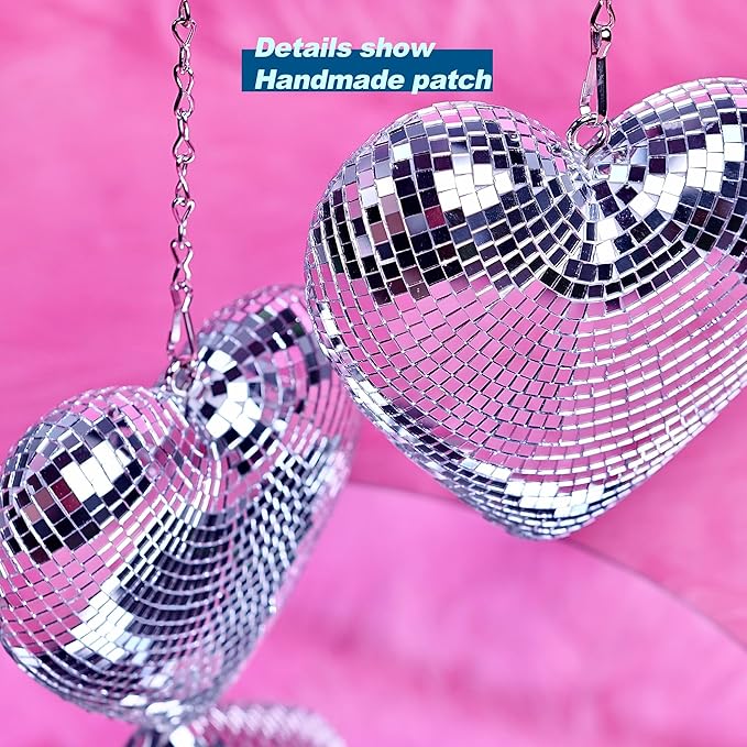Disco Balls 2 Pack Silver Heart-Shaped Stage Mirror Balls Hanging Decor for Party, Room, Wedding, Garden, Retro Reflective Disco Ball Handmade Gifts (6.3 inch)