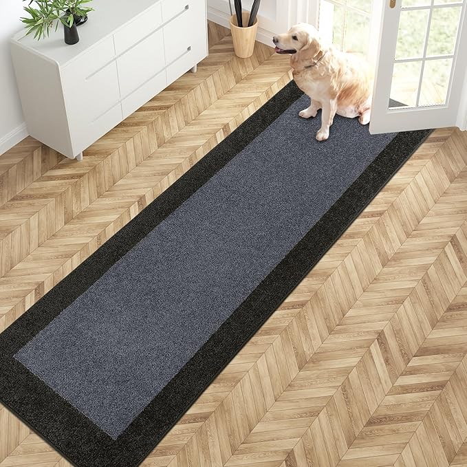 PURRUGS Dirt Trapping Door Mat 24" x 84", Non-Slip/Skid Machine Washable Entryway Rug, Shoes Scraper, Throw Rug, Super Absorbent Area Rug for Muddy Wet Shoes and Paws, Bluish Grey & Charcoal