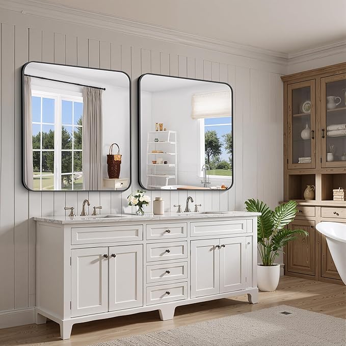 FORBATH Bathroom Mirror 36x40 Inch, Large Rectangular Wall Mirror with Black Aluminum Frame, Rounded Corners, Horizontal or Vertical Mount for Bathroom, Bedroom, Entryway