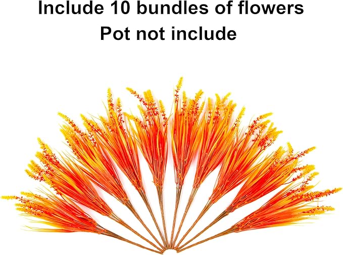 Artificial Fall Fake Outdoor Plants Flowers for Autumn Decoration,10 Bundles Faux Plastic Tall Monkey Grass Greenery UV Resistant Realistic for Home Outside Planter Window Porch Patio Garden (Orange)