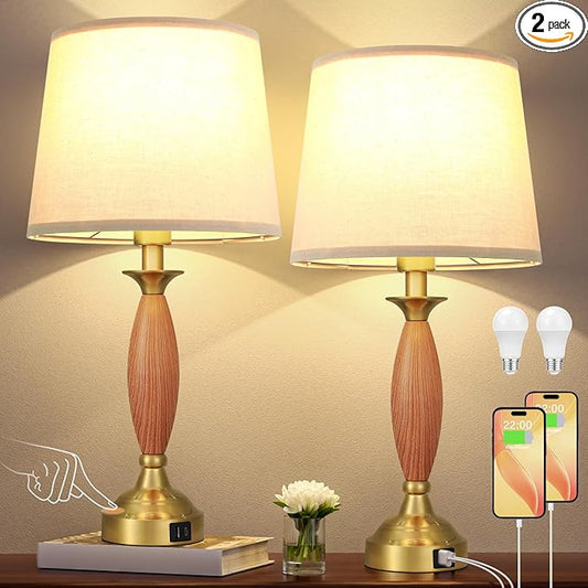 Seealle Lamps for Bedrooms Set of 2 - Touch Bedside Lamp with USB C+A, 3 Way Dimmable Nightstand Lamps with USB Port, Wood Table Lamp for Living Room Guest Room Bed Side End Table(Bulbs Included)