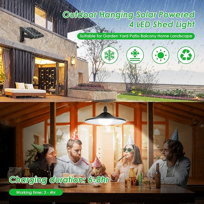 Lixada Solar Pendant Light Outdoor Indoor Hanging Light LED Shed Light Waterproof Pendant Lamp with Remote Control & Pull Cord for Garden Yard Patio Balcony Landscape Home Decoration