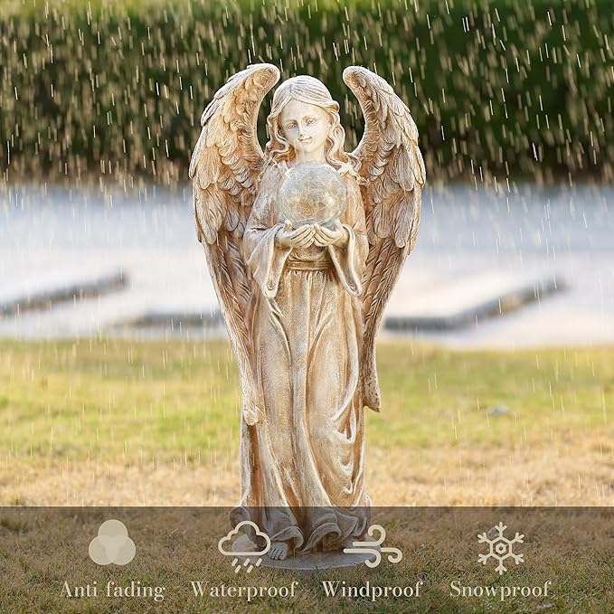 TERESA'S COLLECTIONS Angel Garden Statues with Solar Outdoor Light for Outdoor Decor, Fairy Figurine Resin with Wing & Glass Ball for Garden Decor, Yard Decor Lawn Ornament Gifts for Mom, 7.1"