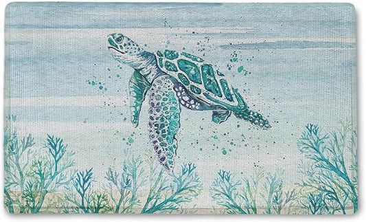 Summer Decor Welcome Door Mat - Sea Turtle Coastal Beach House Kitchen Mat, Farmhouse Front Porch Entrance Indoor Outdoor Mat, White, 17 x 30 Inch