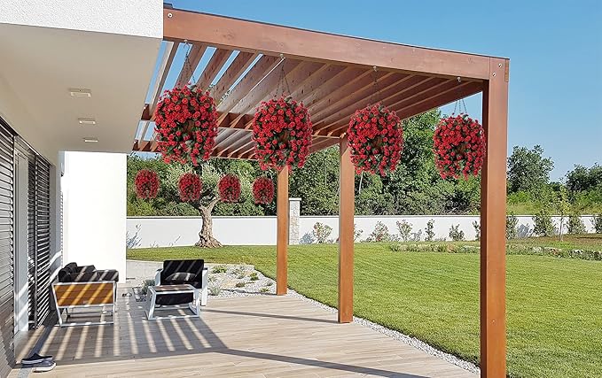 Hanging Baskets Artificial Flowers for Outdoor Interior Decor, Artificial Daisies Flowers Shrubs Plants with Baskets for Home Porch Garden Patio Patio Spring Summer Decor(Red)