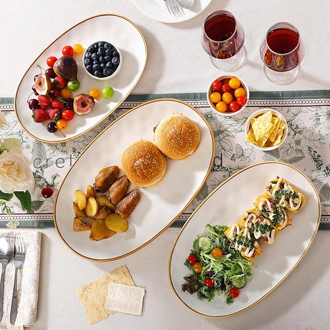 Ceramic Oval Serving Platter with Brown Rim: 15.6/14.3/12.9 Inch Large Serving Dishes for Entertaining Party, Turkey, Steak, Ham, Microwave Dishwasher Safe