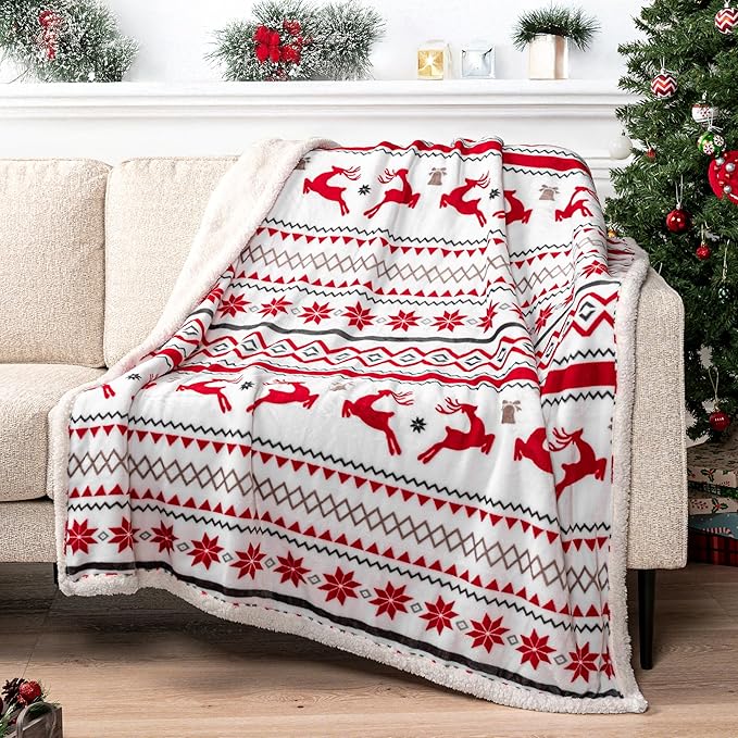 PAVILIA Red White Snowflake Reindeer Christmas Sherpa Throw Blanket, Soft Reversible Fleece Sherpa 50x60 Winter Blanket for Couch & Bed, Christmas Decor