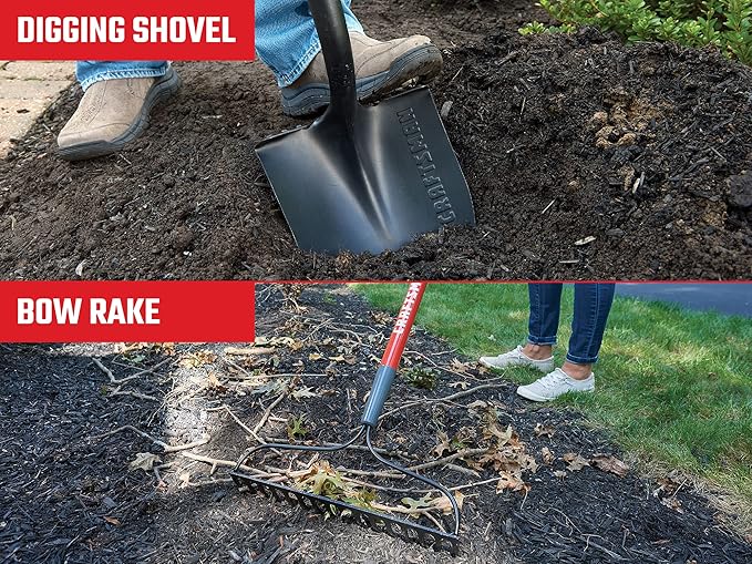 Craftsman 2-Piece Garden Tool Set with Digging Shovel and Bow Rake, Fiberglass Handles, Cushion Grips, for Landscaping, Gardening & Construction