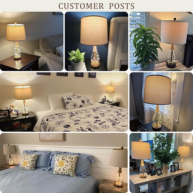 OYEARS 23" USB A+C Table Lamp for Bedroom Living Room Modern Bedside Lamps Retro Farmhouse Rattan Glass Nightstand Nightlight Lamps (Black),Two Light Points