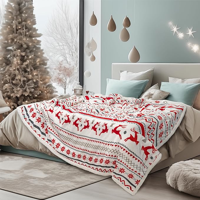 PAVILIA Red White Snowflake Reindeer Christmas Sherpa Throw Blanket, Soft Reversible Fleece Sherpa 50x60 Winter Blanket for Couch & Bed, Christmas Decor