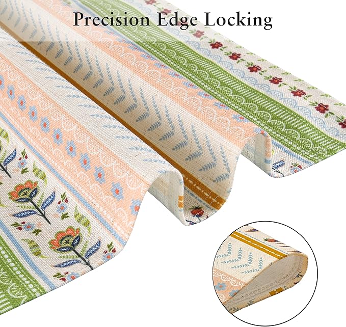 LilyCat Linen Fabric Multicolor Floral Placemats, Stripes Durable Boho Dining Table Mats for Kitchen, Rustic Vintage Washable Place Mats Set of 4, 18’’× 12’’
