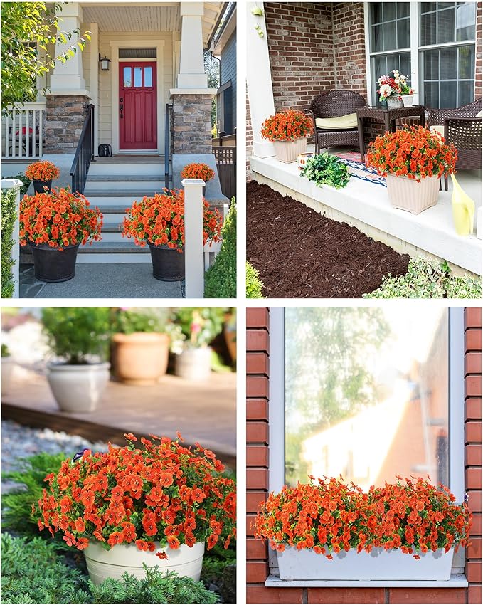 Fake Mums Faux Flowers for Outdoor Planters 16 Bundles UV Resistant Artificial Eucalyptus Plants Outside Fall Yard Decoration Realistic Silk Daisy Patio Front Porch Garden Pots Decor-Orange Red