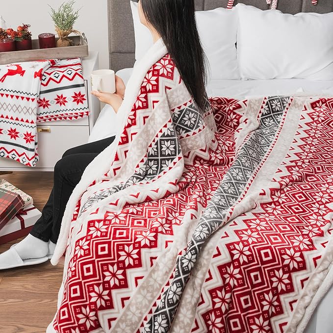 PAVILIA Premium Christmas Sherpa Throw Blanket, Red White Snowflake Holiday Blanket, Ultra-Soft Reversible Fleece Winter Throw for Home Decoration, Cozy Plush 60x80