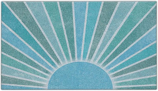 Nogrit Boho Door Mat, Retro Boho Light Blue Sun Sunshine Doormat Bathmat for Indoor Outdoor Entrance, Mid Century Modern Abstract Welcome Mats for Front Door Outside Porch Entryway, 17x30 Inches