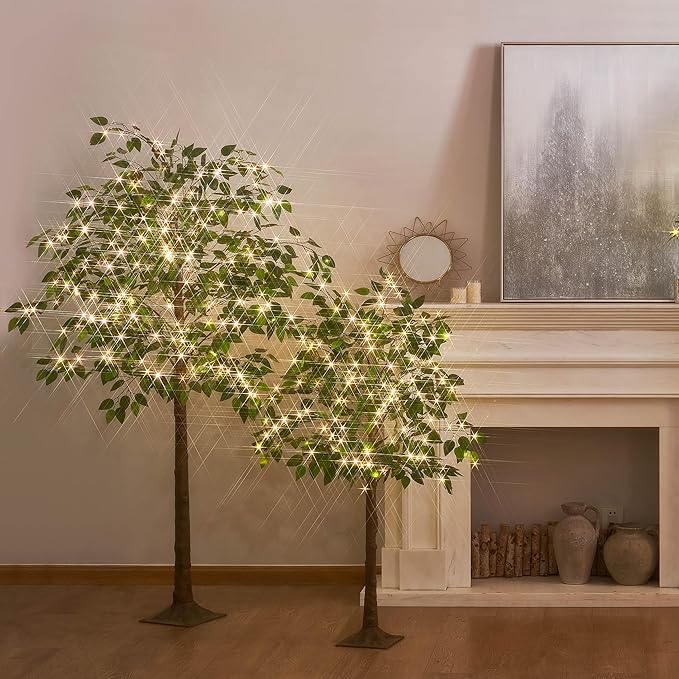 Hairui Artificial Ficus Silk Tree Lights 4FT 140LED Fairy Lights, Faux Plant Tree with Lights for Home Room Spring Summer Decoration Inside