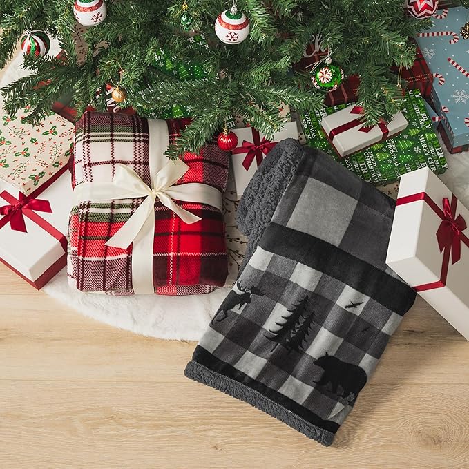 PAVILIA Red Green Christmas Plaid Sherpa Throw Blanket, Holiday Fleece Blanket 50" x 60", Soft Flannel Plush Throw for Couch, Sofa & Bed, Festive Winter Home Decor, Cozy