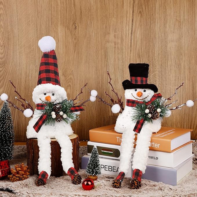 Lulu Home Set of 2 Christmas Snowman Ornaments for Table Mantel Desk Fireplace Home Holiday Decor (Red and Black)