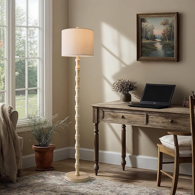 BOBOMOMO 62" Rustic Farmhouse Floor Lamp Antique White with Remote & Dimmable 9W Bulb, 3 Color Temperatures Resin Standing Lamp, Retro Tall Lamp for Living Room, Bedroom, Nursery, Office, Reading Nook