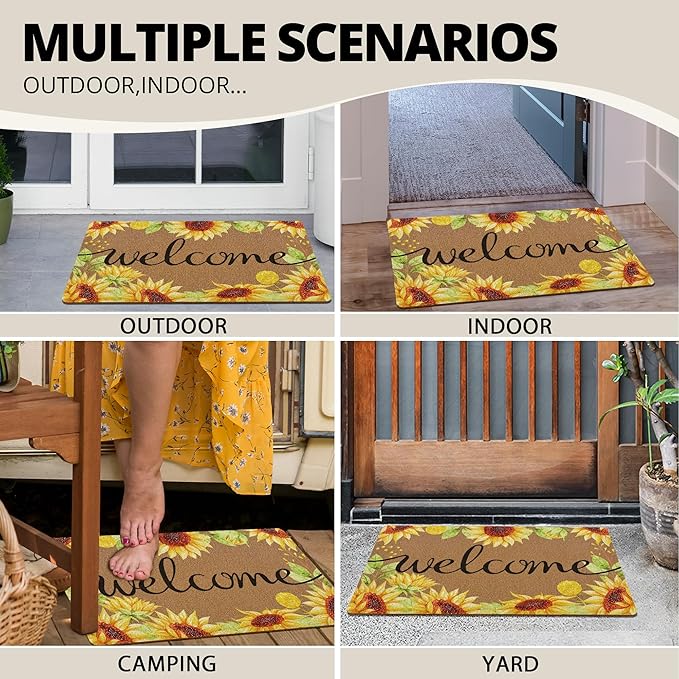 Sunflower Welcome Door Mat, Summer Sunflower Doormat, Sunshine Welcome Front Door Mat Outside Indoor Entrance, Botanical Artificial Coir Doormats Rugs for Patio Entry Home Decor, 30x17in