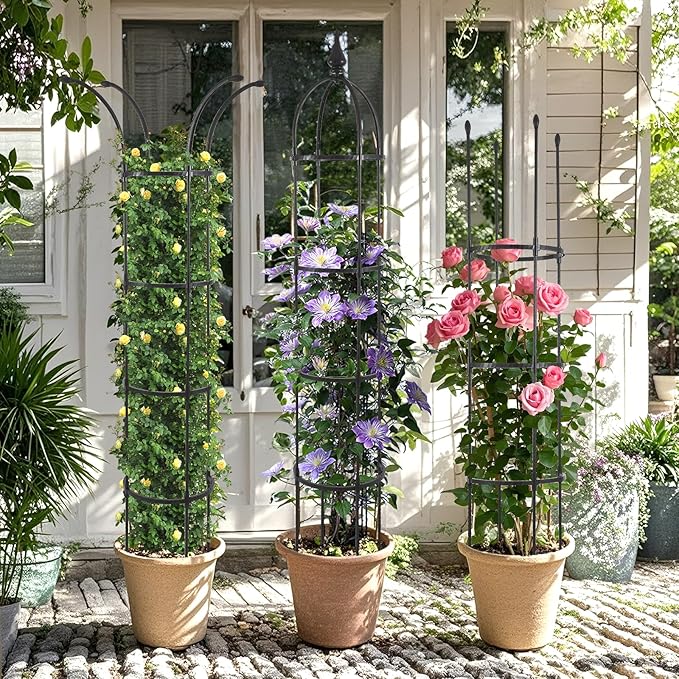 Obelisk Trellis for Climbing Plants Outdoor 6.6ft, Garden Tower Trellis for Potted Plants Indoor with Twist Tie, Clips and Butterflies Rustproof Coated Metal Support for Vines Rose 2Pack
