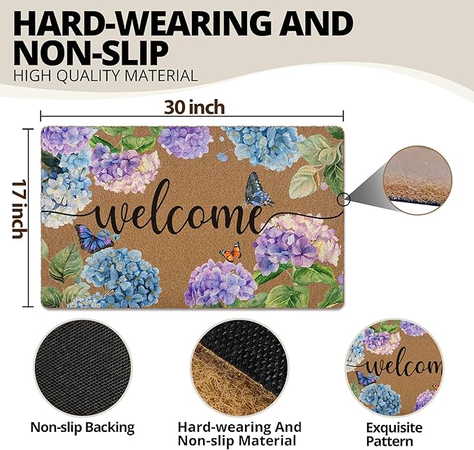 Hydrangea Floral Door Mat Doormat, Cottagecore Butterfly Flower Welcome Front Door Mat Indoor Outdoor Entrance, Rustic Artificial Coir Doormats Rugs for Porch Patio Entryway Home Decor 30x17in