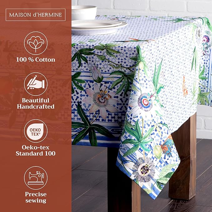 Maison d' Hermine Table Cloth Square Table 100% Cotton 60 x 60 Inches Tablecloth Reusable Decorative Everyday Use for Dining Room, Farmhouse, Home, Party, Festive & Wedding Spring Summer - Passiflora
