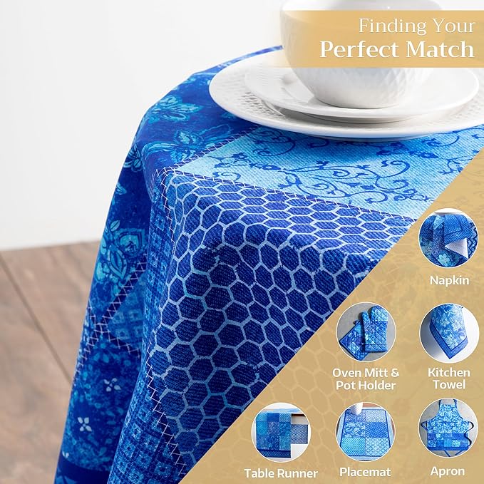 Maison d' Hermine Table Cloth Round Table 100% Cotton 63 Inches Tablecloth Reusable Decorative Everyday Use for Dining Room, Farmhouse, Home, Party, Festive & Wedding Spring Summer - Indigo Love