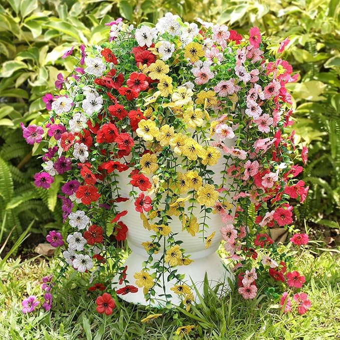 Artificial Hanging Flowers for Outdoors Faux Plants for Spring Summer Decoration,6 Bundles UV Resistant Realistic Silk Flowers Indoor Outside Garden Porch Patio Balcony Yard Farmhouse
