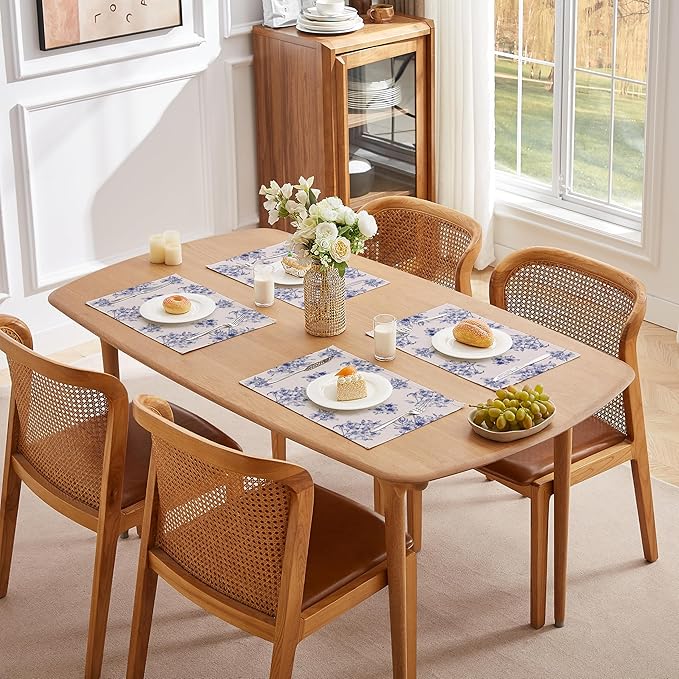 LilyCat Linen Fabric Blue Floral Placemats, Waterproof Durable Boho Dining Table Mats for Kitchen, Rustic Vintage Washable Place Mats Set of 6, 18’’× 12’’