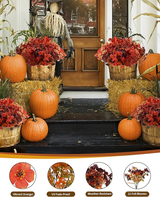 Artificial Mums Outdoor Fake Fall Flowers Decorations for Home,16 Bundles Silk Faux Mum Plants Look Real UV Resistant for Outside,Autumn Decor for Porch,Patio,Front Yard & Planters,Thanksgiving