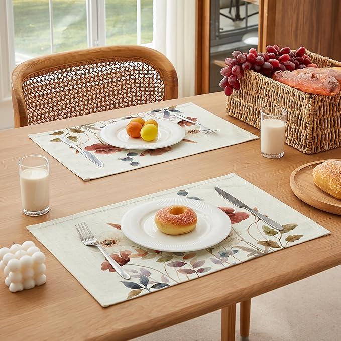 LilyCat Linen Fabric Floral Placemats, Waterproof Durable Boho Dining Table Mats for Kitchen, Rustic Vintage Washable Place Mats Set of 4, 18’’× 12’’