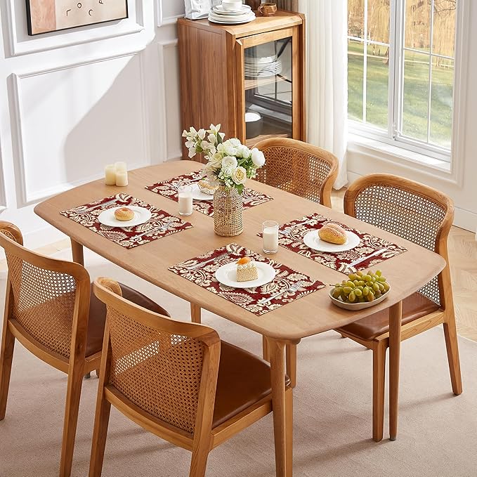 LilyCat Linen Fabric Red Paisley Floral Placemats, Durable Boho Dining Table Mats for Kitchen, Rustic Vintage Washable Place Mats Set of 6, 18’’× 12’’
