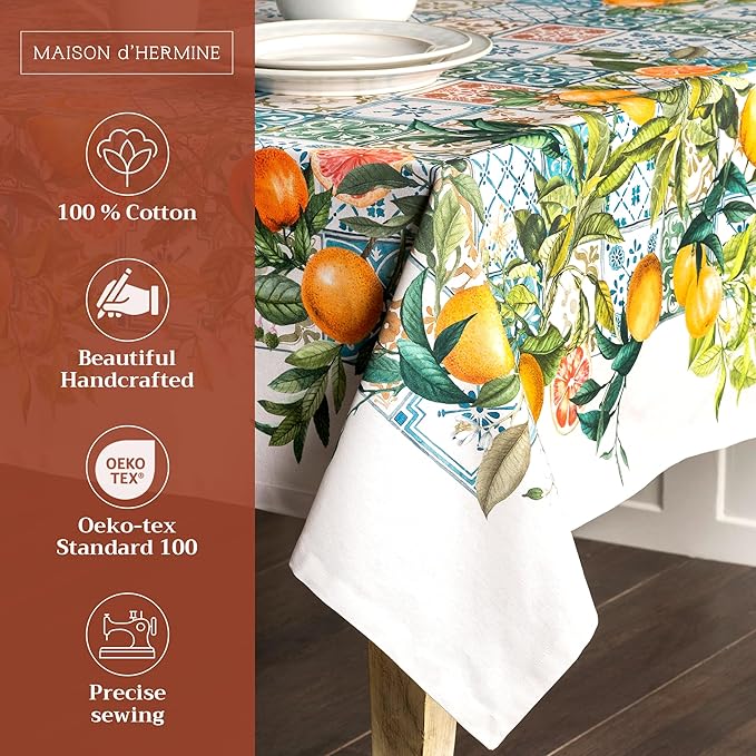 Maison d' Hermine Table Cloth Rectangle Table 100% Cotton 60 x 108 Inches Tablecloth Reusable Decorative Everyday Use for Dining Room, Farmhouse, Home, Party, Festive & Wedding Spring Summer - Agrume