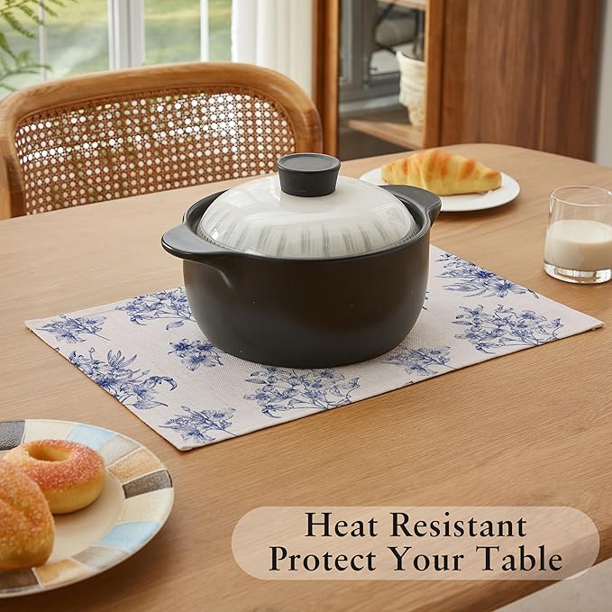 LilyCat Linen Fabric Blue Floral Placemats, Waterproof Durable Boho Dining Table Mats for Kitchen, Rustic Vintage Washable Place Mats Set of 6, 18’’× 12’’