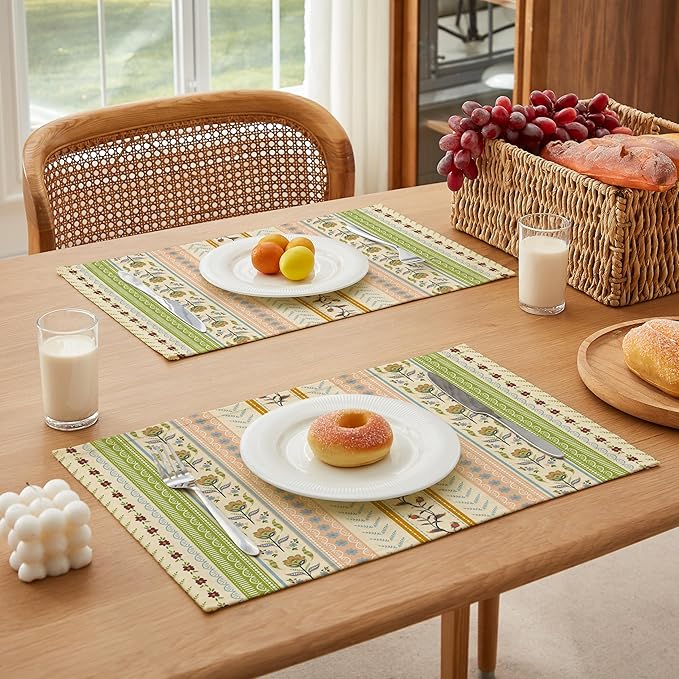 LilyCat Linen Fabric Multicolor Floral Placemats, Stripes Durable Boho Dining Table Mats for Kitchen, Rustic Vintage Washable Place Mats Set of 4, 18’’× 12’’