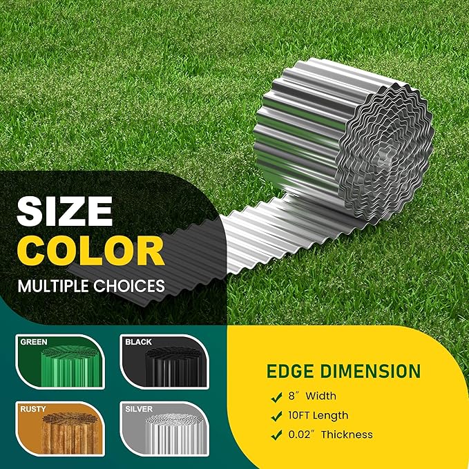 Corrugated Metal Garden Edging, 8"×10Ft Durable Landscape Border for Garden, Lawn, Flower Beds and Paver Edging (Silver)