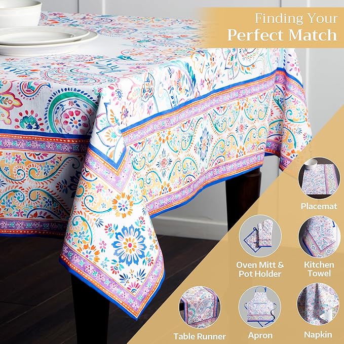 Maison d' Hermine Table Cloth Rectangle Table 100% Cotton 60 x 108 Inches Tablecloth Reusable Decorative for Dining Room, Farmhouse, Home, Party, Festive & Wedding Spring Summer - Indian Floral