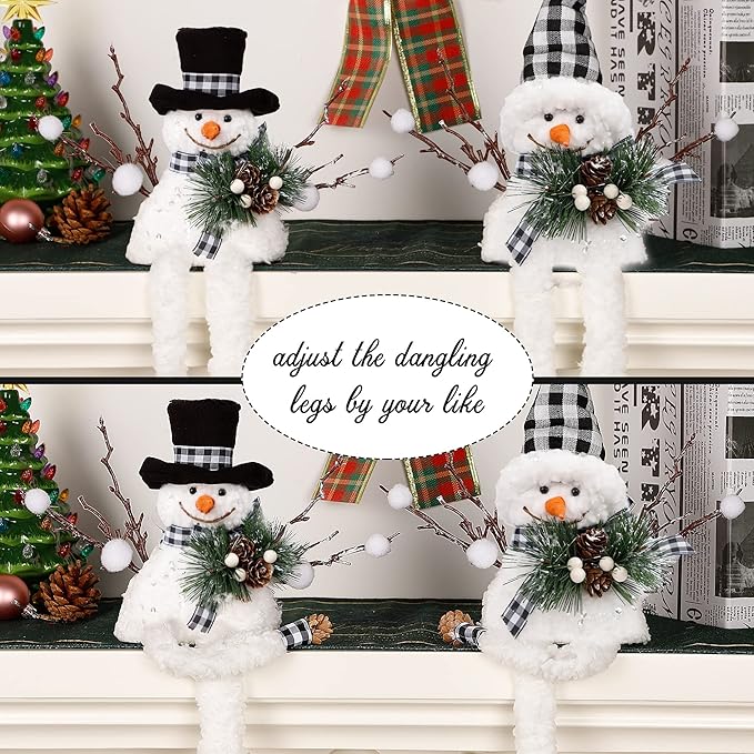 Lulu Home Christmas Snowman Decorations, Set of 2 Plush Shelf Sitters with Dangling Legs, Buffalo Checked Christmas Snowman Ornaments for Table Mantel Desk Fireplace Home Holiday Decor