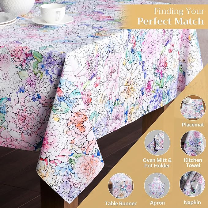 Maison d' Hermine Table Cloth Rectangle Table 100% Cotton 70 x 90 Inches Tablecloth Reusable Decorative for Dining Room, Farmhouse, Home, Party, Festive & Wedding Spring Summer - Floral Love