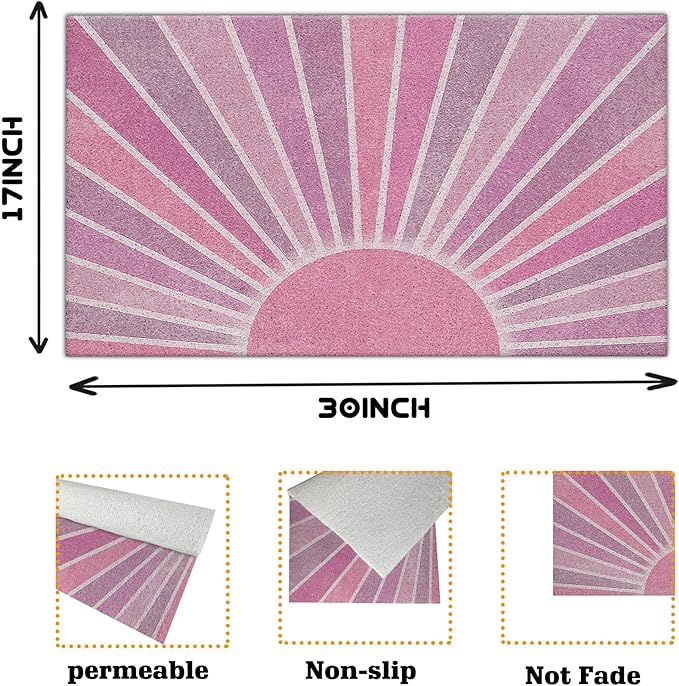 Nogrit Boho Door Mat, Retro Boho Pink Sun Sunshine Doormat Bathmat for Indoor Outdoor Entrance, Mid Century Modern Abstract Welcome Mats for Front Door Outside Porch Entryway, 17x30 Inches