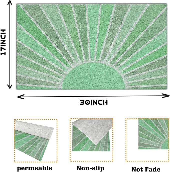 Nogrit Boho Door Mat, Retro Boho Sage Green Sun Sunshine Doormat Bathmat for Indoor Outdoor Entrance, Mid Century Modern Abstract Welcome Mats for Front Door Outside Porch Entryway, 17x30 Inches