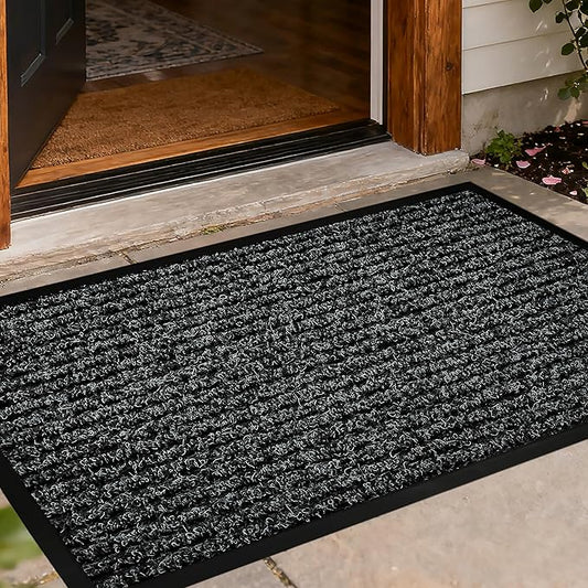 Front Door Mat Outdoor, Non-Slip and Heavy Duty Welcome Mat, Low Profile Easy Clean Indoor Outdoor Doormat for Patio Entryway with Durable PVC Backing. (Black and White 29.5"x17")