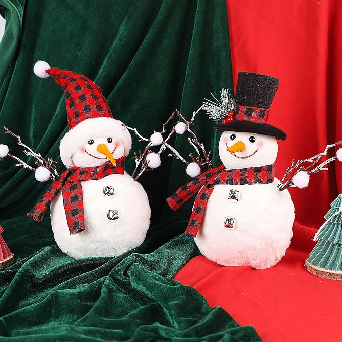 Lulu Home 2 Packs Christmas Snowman Decorations, 15.4" H Snowmen Wearing Buffalo Check Scarfs & Hats, Xmas Plush & Foam Tabletop Ornaments for Mantel Fireplace Window Sill Holiday Decor