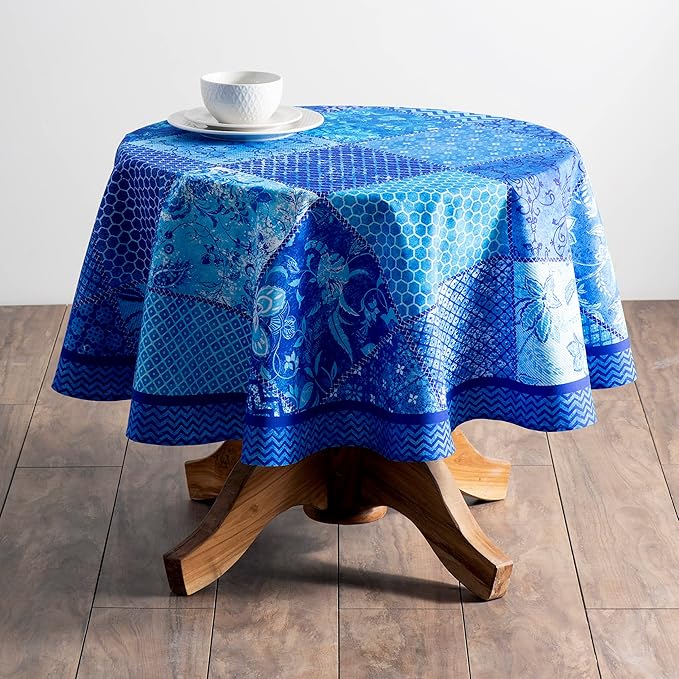 Maison d' Hermine Table Cloth Round Table 100% Cotton 63 Inches Tablecloth Reusable Decorative Everyday Use for Dining Room, Farmhouse, Home, Party, Festive & Wedding Spring Summer - Indigo Love