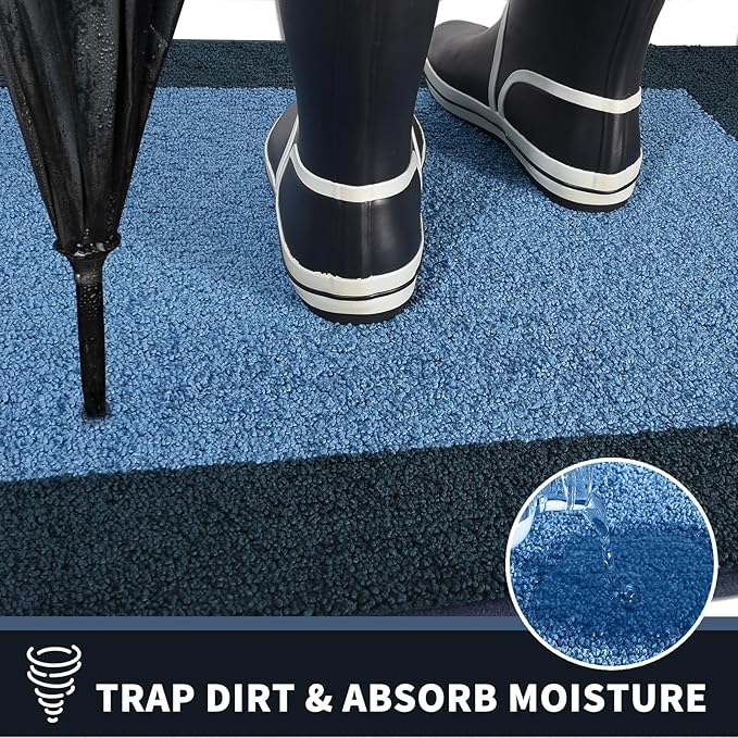PURRUGS Dirt Trapping Door Mat 34" x 60", Non-Slip/Skid Machine Washable Entryway Rug, Shoes Scraper, Throw Rug, Super Absorbent Area Rug for Muddy Wet Shoes and Paws, Light Blue & Navy