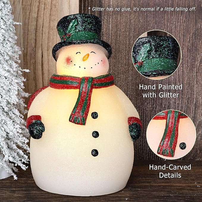 Flameless LED Candles Christmas Holiday Hand-Carved Snowman Sculptures Art Decor Real Wax Battery Operated Dimmable with Remote Timer Flickering Light Xmas Gift Home Room Table Ornaments