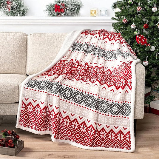 PAVILIA Premium Christmas Sherpa Throw Blanket, Red White Snowflake Holiday Blanket, Ultra-Soft Reversible Fleece Winter Throw for Home Decoration, Cozy Plush 50x60