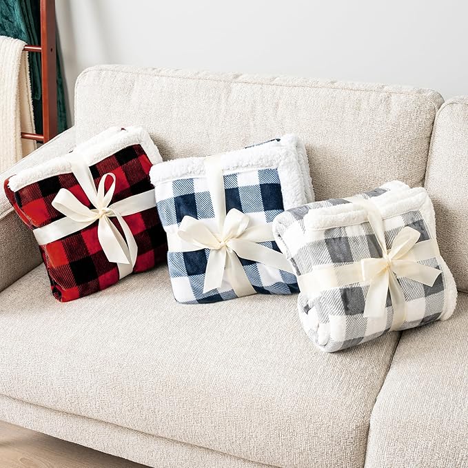 PAVILIA Black and Red Buffalo Plaid Sherpa Throw Blanket for Couch Twin, Soft Fuzzy Flannel Blanket for Bed, Plush Checkered Fleece Blanket and Throws, Warm Thick Winter Blanket Gift, 60x80