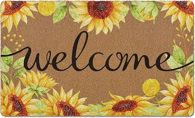 Sunflower Welcome Door Mat, Summer Sunflower Doormat, Sunshine Welcome Front Door Mat Outside Indoor Entrance, Botanical Artificial Coir Doormats Rugs for Patio Entry Home Decor, 30x17in